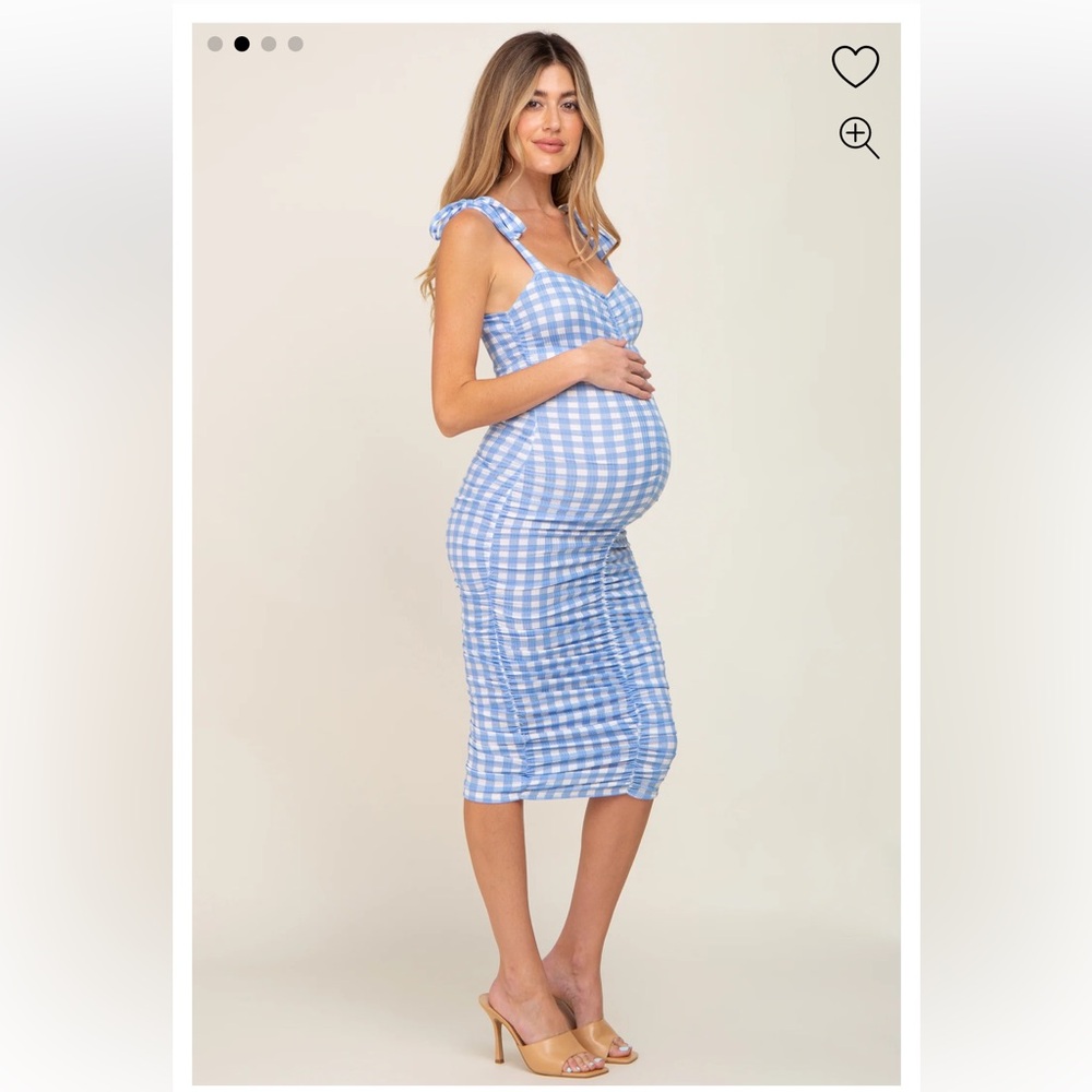 Blue Gingham Print Ruched Shoulder Tie Maternity Dress